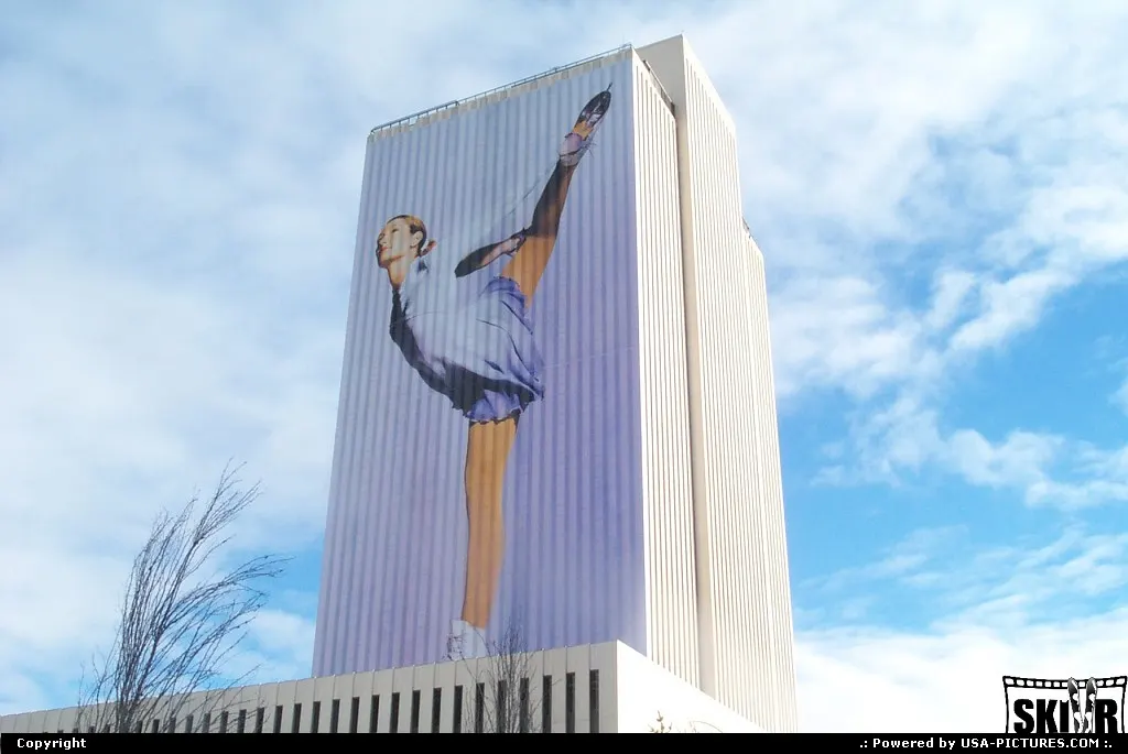 Mormon headquarter with Olympic screen during winter 2002