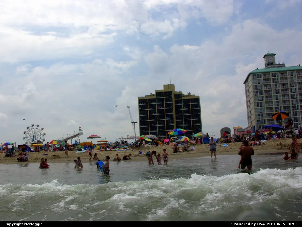 View of the beach, hotels, 16th Street amusement park, Ferris wheel, slide, from the oc...