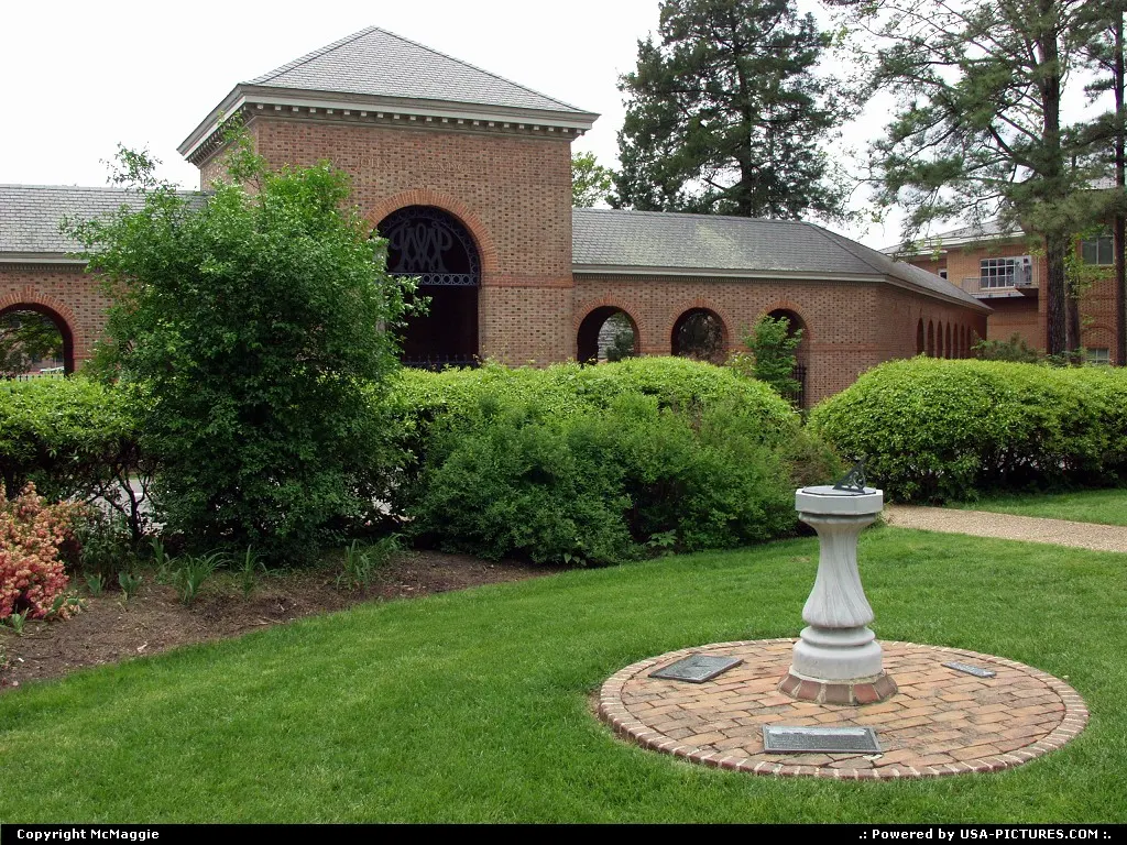 View of sundial and Zable Stadium from Alumni House, College of William & Mary, William...