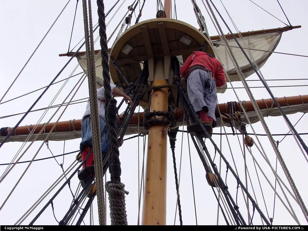 Climbing the ship's mast, Jamestown Settlement, Jamestown, Virginia.