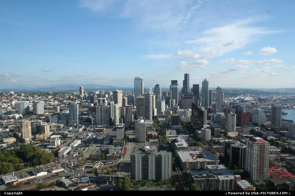 Downtown Seattle/Skyline from the Space Needle. Puget bay to the right