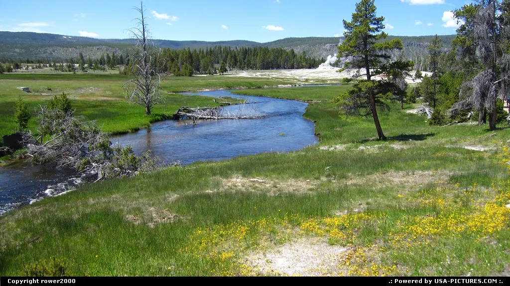 Firehole River with geysers in the background.